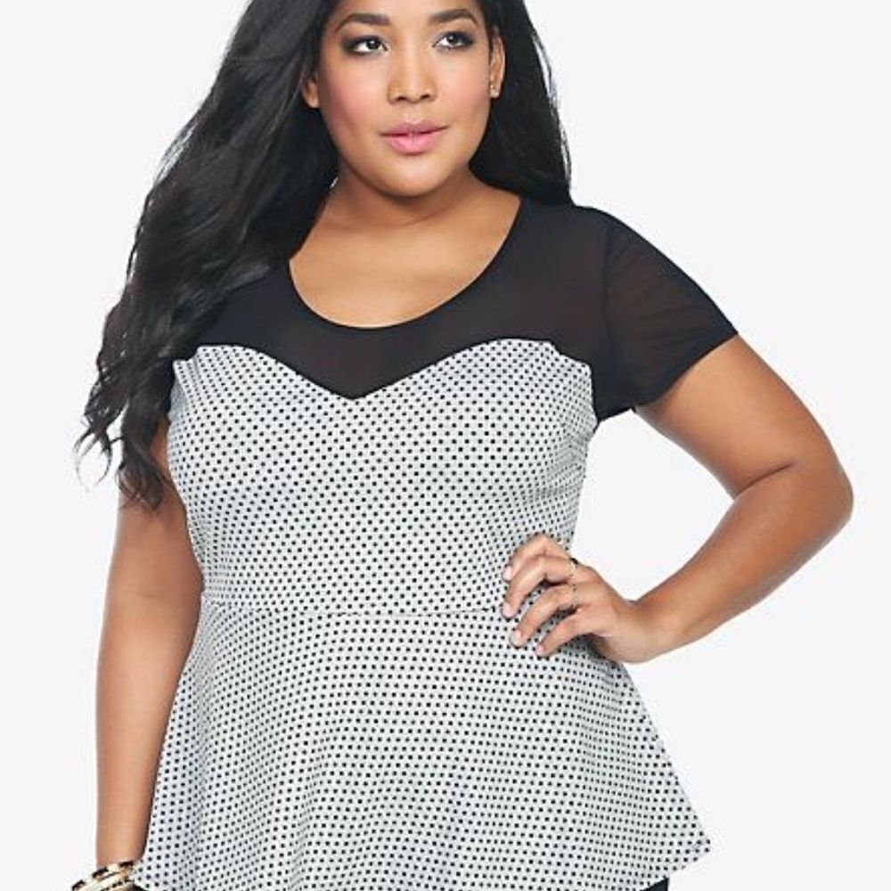 Torrid Grey/Black Polka Dot Mesh Peplum Top Sz 2X